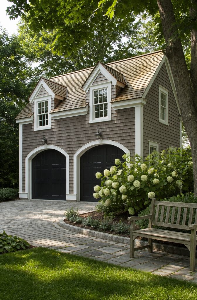 Garage with Living Space Above: Apartments, ADUs, Carriages & Conversions 3 A carriage house featuring a gabled roof and dormer windows.