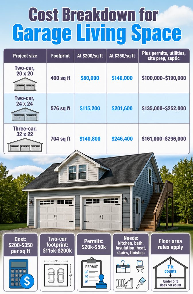 Garage with Living Space Above: Apartments, ADUs, Carriages & Conversions 6 A cost breakdown chart for building garage living space.