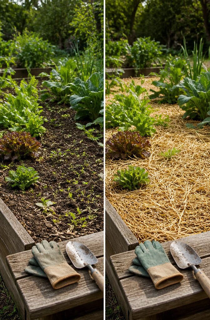 Mulched garden bed with healthy plants growing.