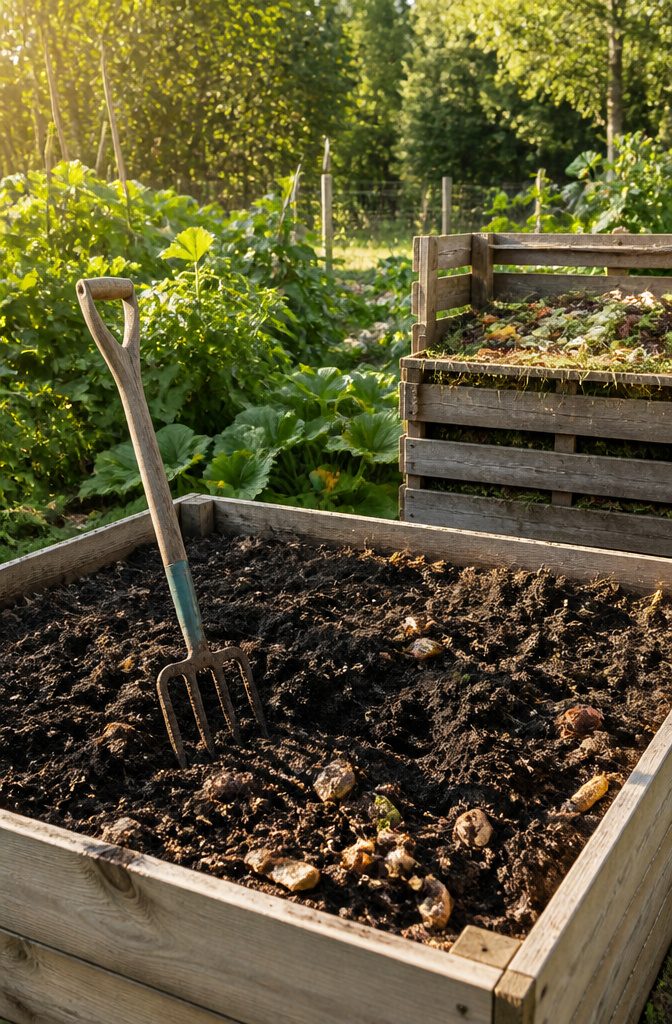 Rich dark soil in a raised bed with compost materials.