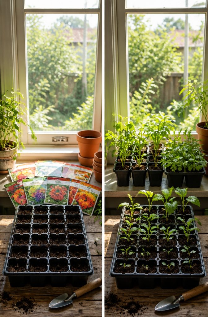 Seed packets and seedlings displayed together.
