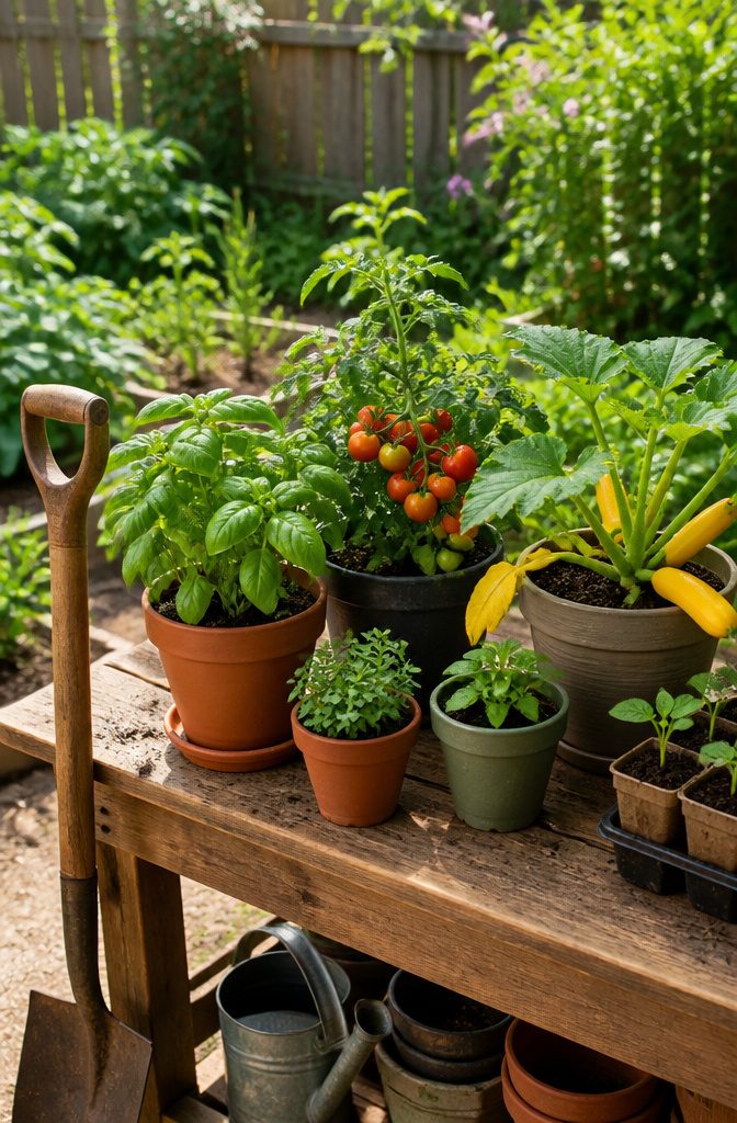 Containers holding basil, tomatoes, and zucchini on a wooden table.