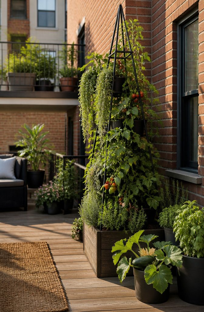 Tomato vines climbing a trellis on a patio.