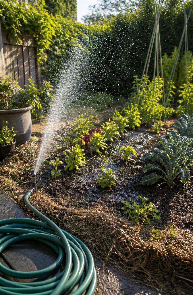 A garden bed being watered with a hose and sprinkler.