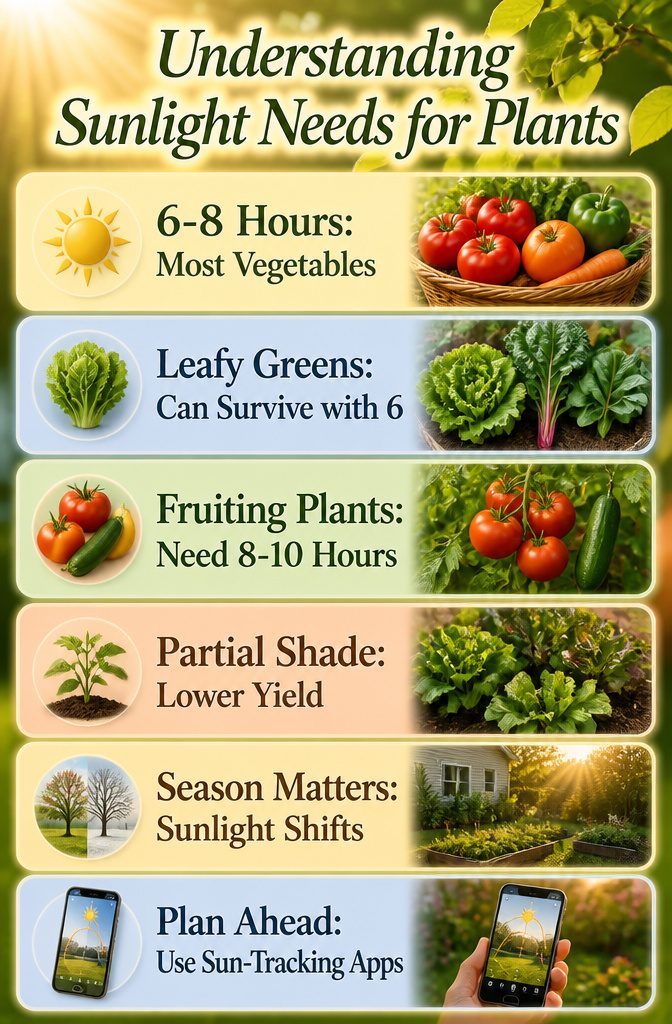 Infographic explaining sunlight requirements for various plants.