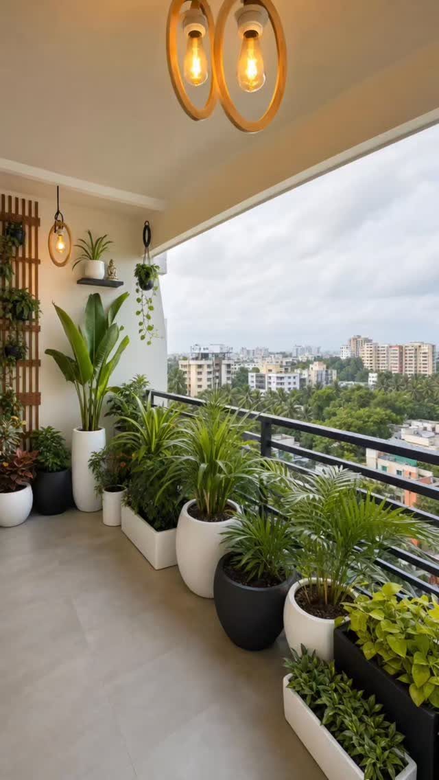 Green plants in white and black pots arranged along a balcony overlooking a city skyline.