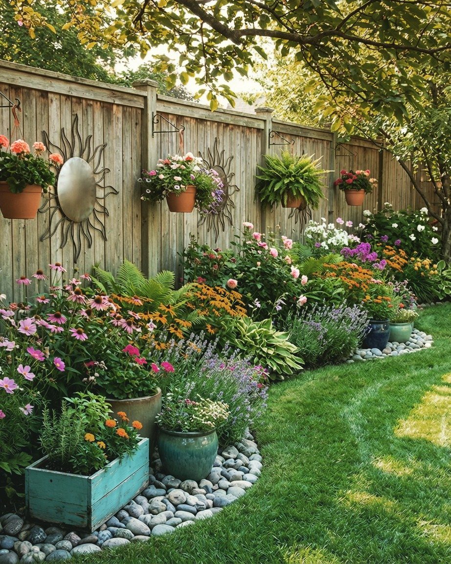 Colorful flowering plants in various containers arranged along a wooden fence and a stone-lined garden bed.