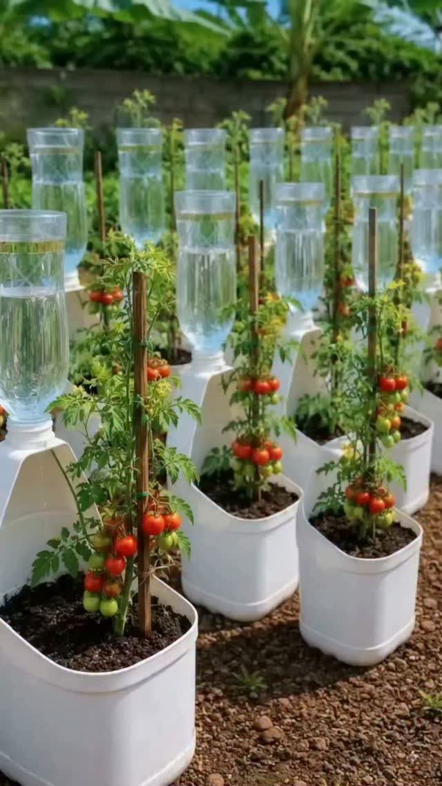Tomato plants growing in white plastic containers with inverted water bottles for self-watering.