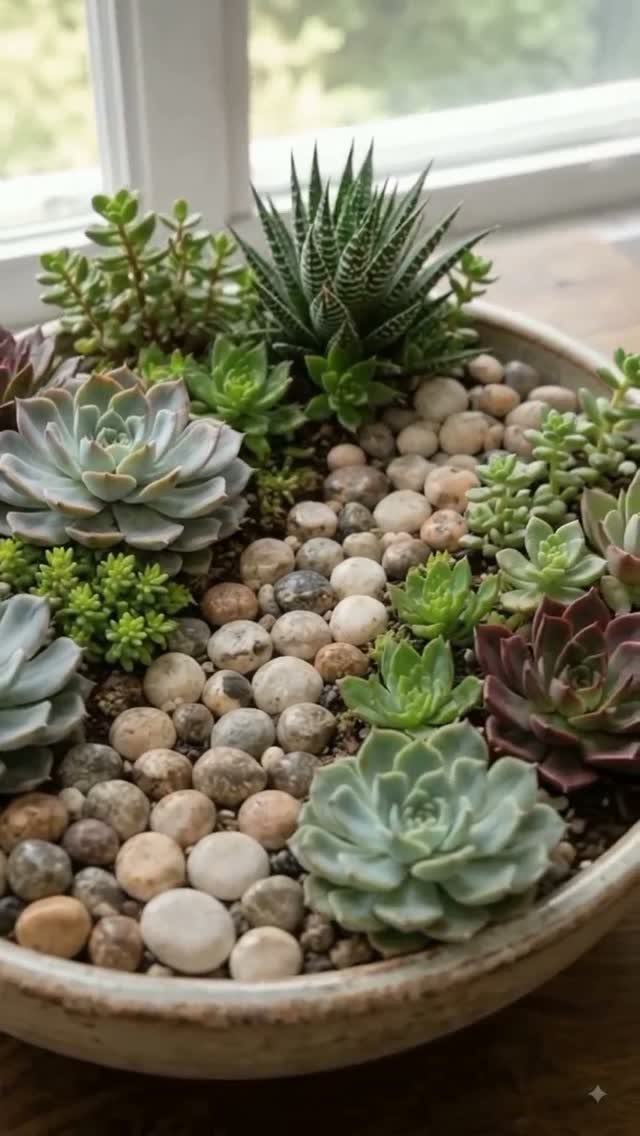 Succulent plants and smooth river stones arranged in a shallow ceramic bowl on a windowsill.