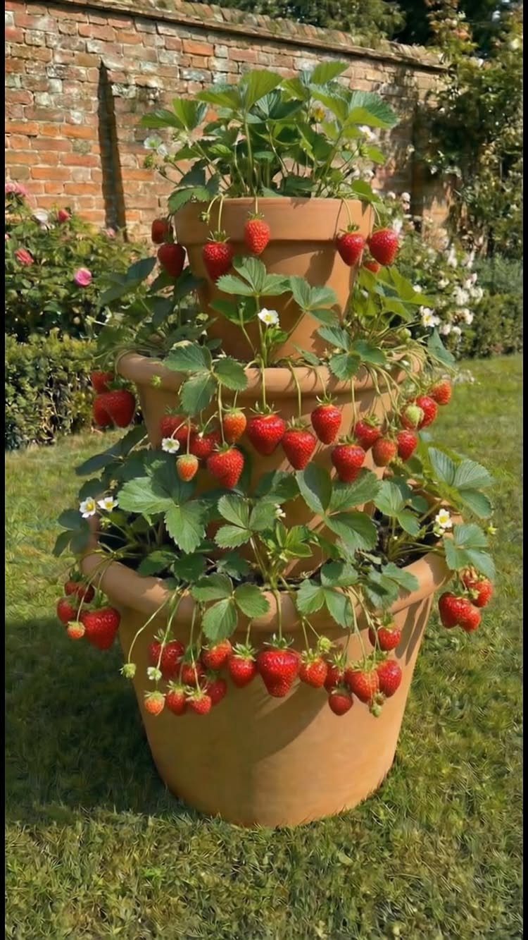 Tiered terracotta planter filled with green strawberry plants and many ripe red strawberries on a lawn.