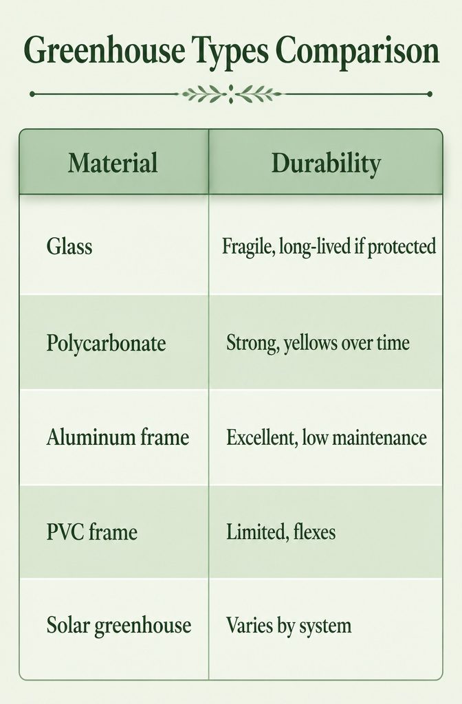 Comparison chart of greenhouse materials, showing durability and insulation properties.
