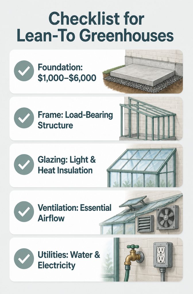 Checklist outlining essential parts for a successful lean-to greenhouse.