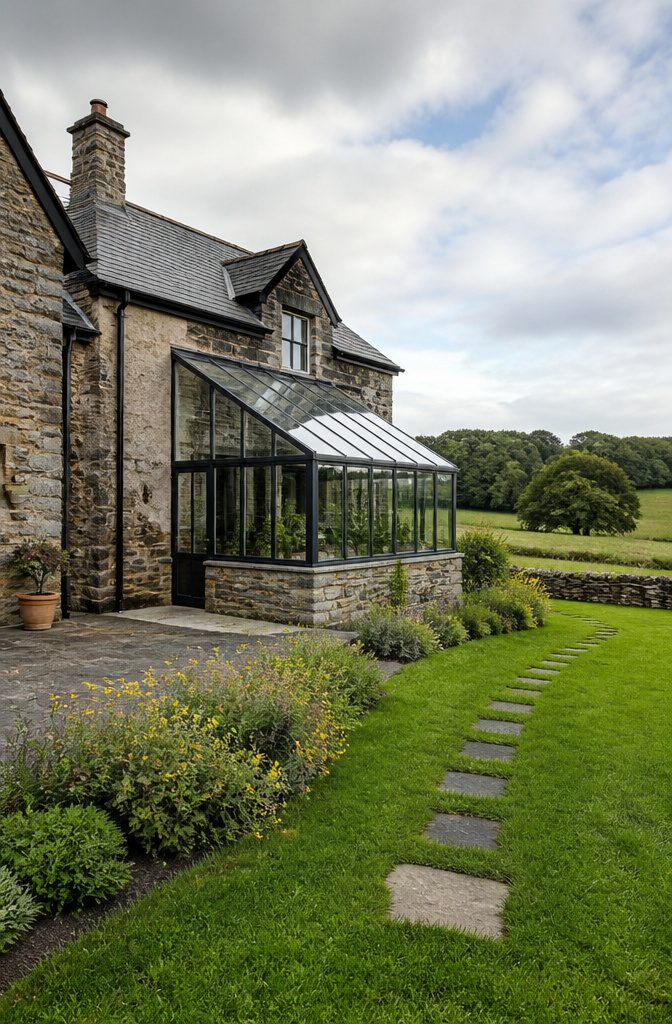 A house wall oriented south, suitable for greenhouse construction.