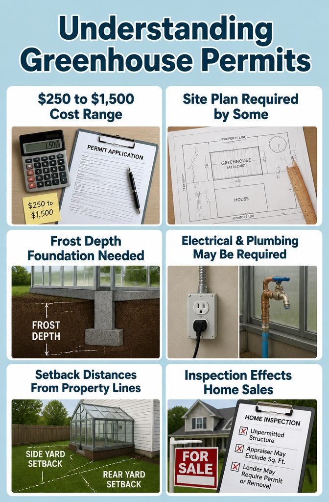 A checklist of permits required for greenhouse construction in a residential area.