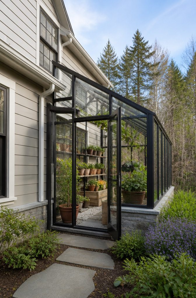 A greenhouse design featuring modular end walls for potential growth.