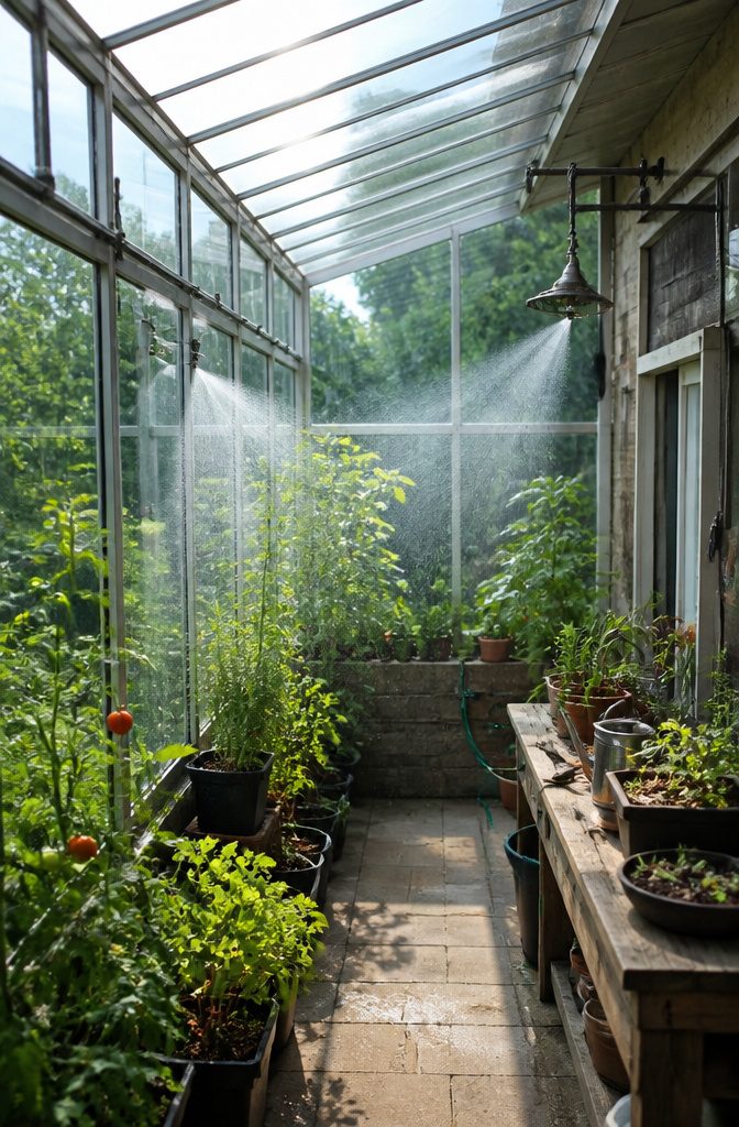Drip lines installed in a greenhouse, demonstrating efficient watering methods.