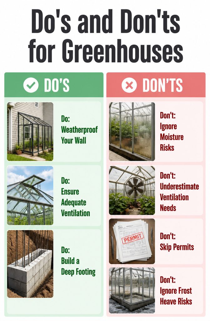 Do's and don'ts list highlighting common mistakes in greenhouse construction.