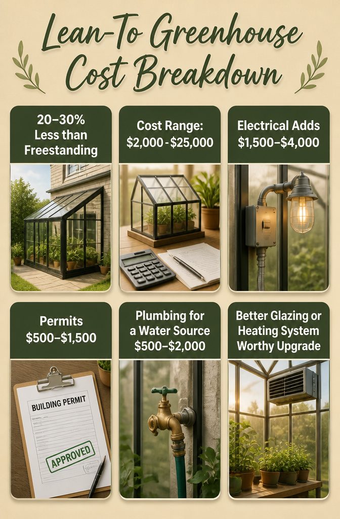 Cost breakdown for a lean-to greenhouse versus a freestanding model.