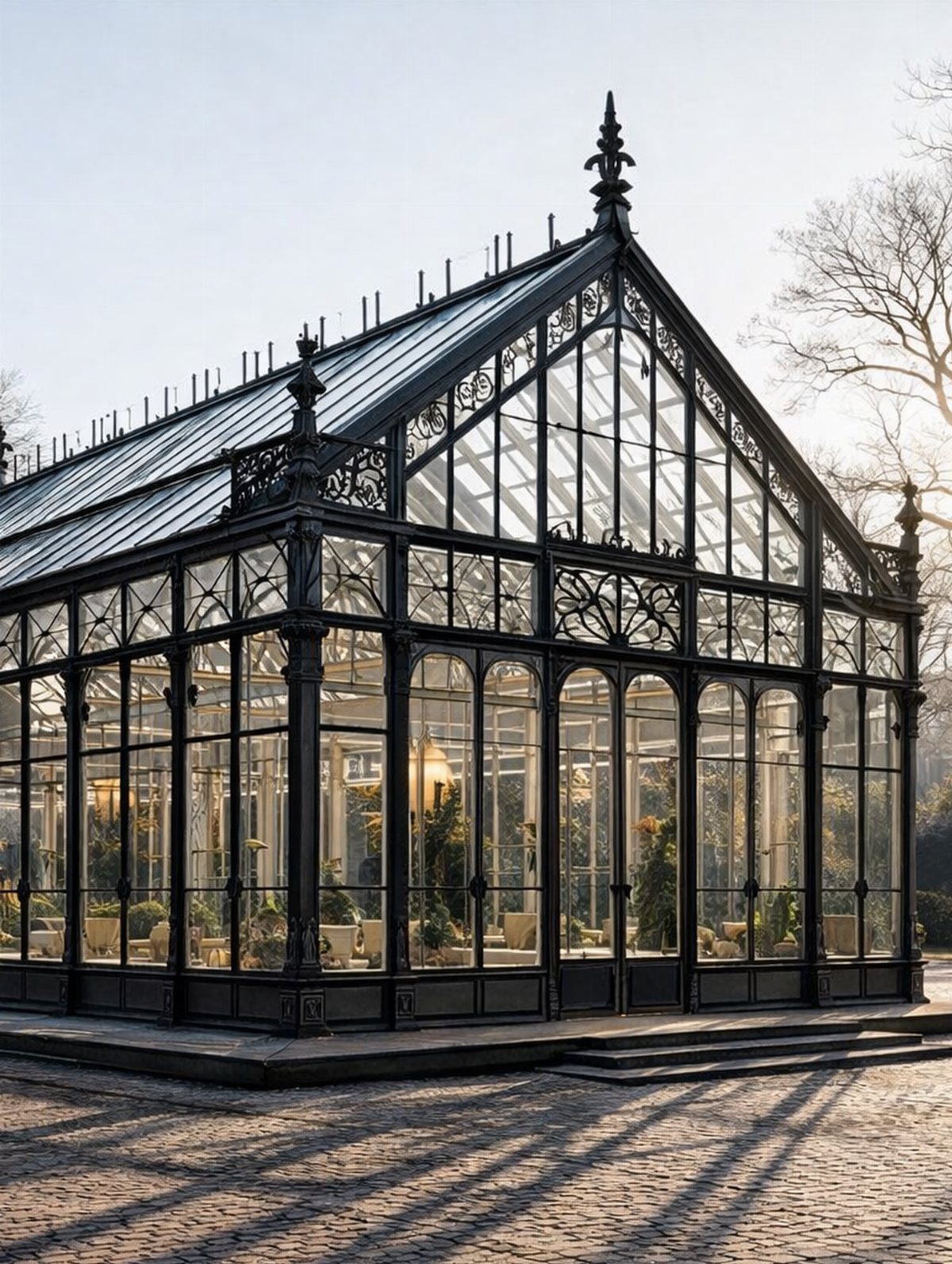 Ornate black metal and glass Victorian greenhouse standing on a cobblestone courtyard at sunset.