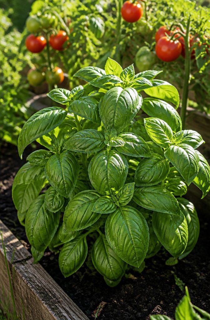 Herb Companion Planting Guide: Which Herbs Grow Well Together 1 Basil plants growing next to tomato plants in a garden.