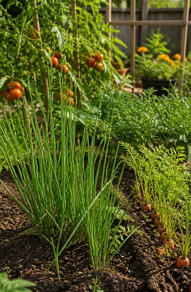 Herb Companion Planting Guide: Which Herbs Grow Well Together 2 A cluster of chives with tomatoes and carrots in a garden.