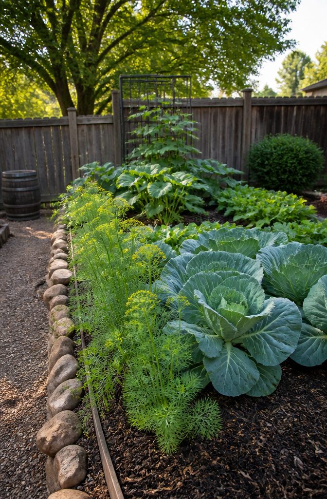Herb Companion Planting Guide: Which Herbs Grow Well Together 3 Dill plants in a garden bed with other vegetables.