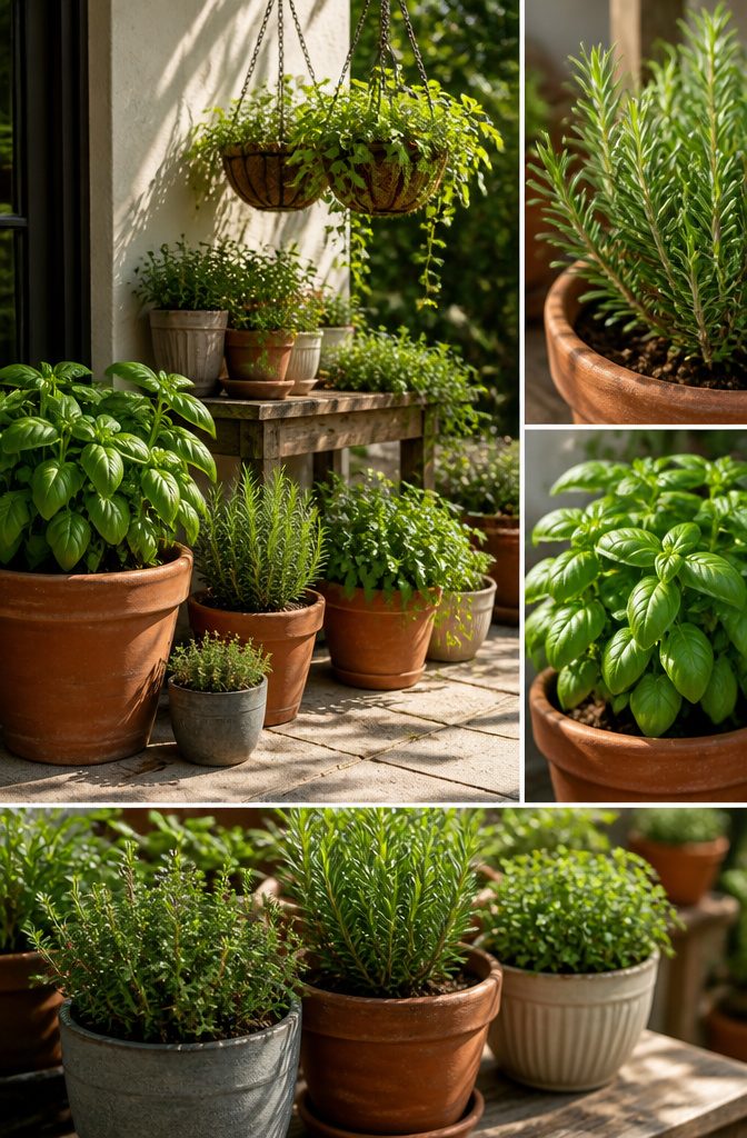 Herb Companion Planting Guide: Which Herbs Grow Well Together 13 A collection of herbs planted in pots on a garden path.