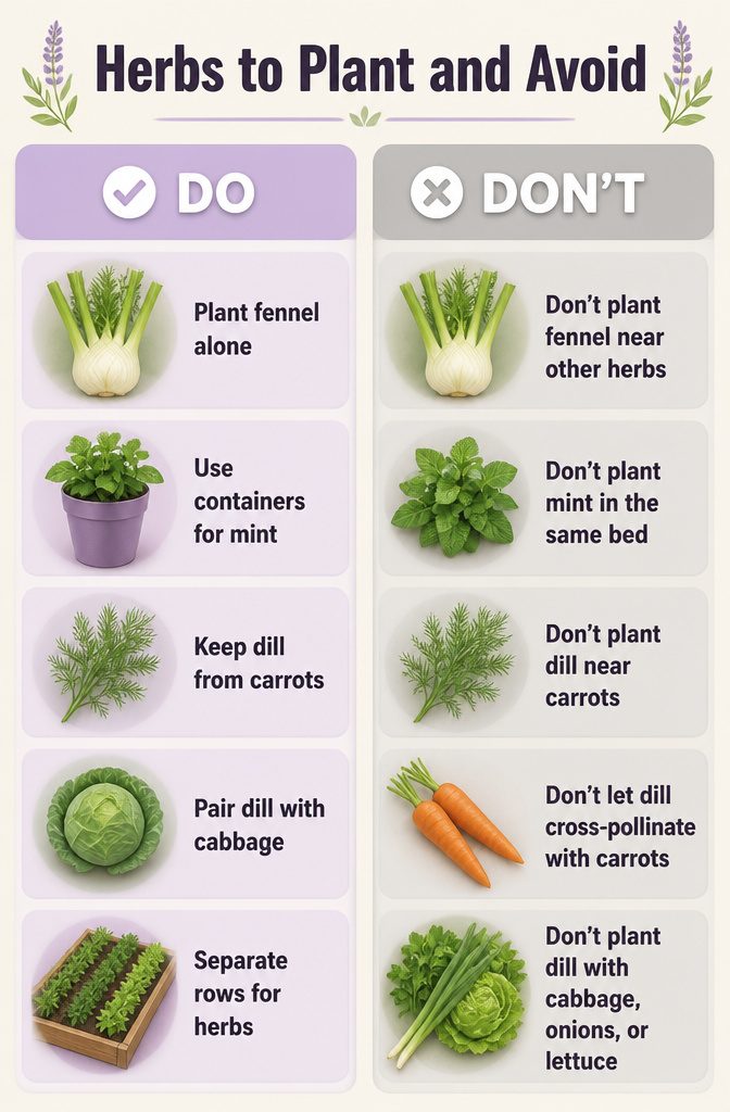 Herb Companion Planting Guide: Which Herbs Grow Well Together 12 An illustration showing herbs that should be avoided together.
