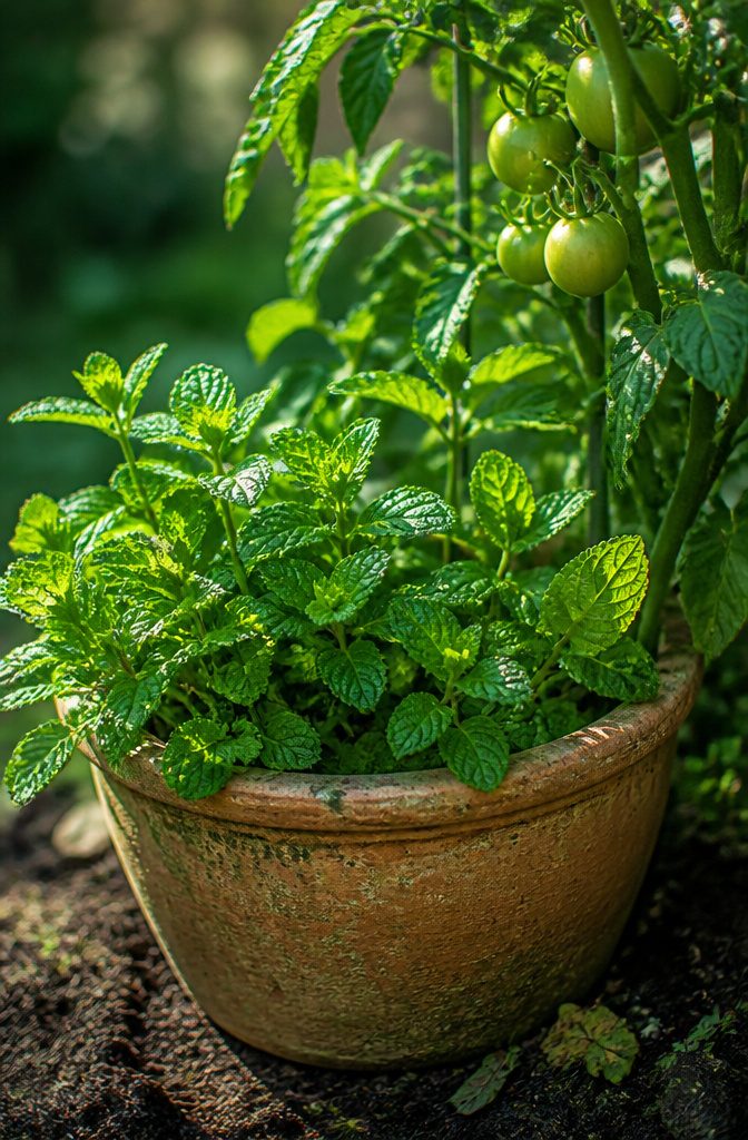 Herb Companion Planting Guide: Which Herbs Grow Well Together 4 A mint plant growing in a garden, showing its dense foliage.