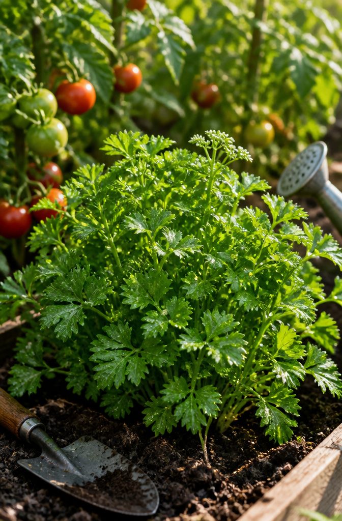 Herb Companion Planting Guide: Which Herbs Grow Well Together 6 Parsley plants blooming in a garden bed.