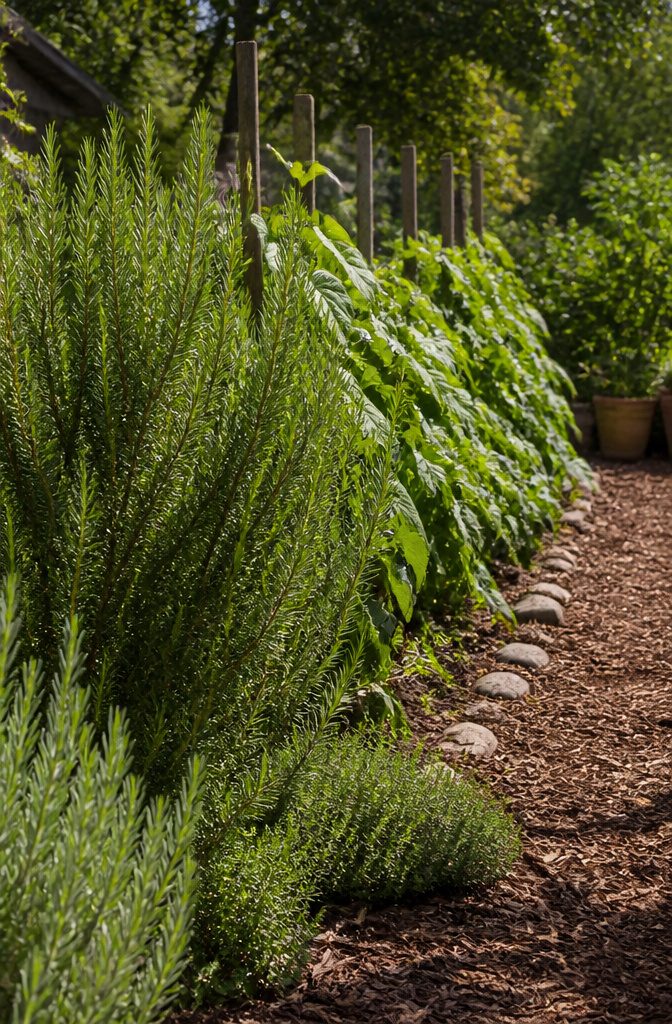Herb Companion Planting Guide: Which Herbs Grow Well Together 7 A rosemary bush growing alongside healthy beans in a garden.