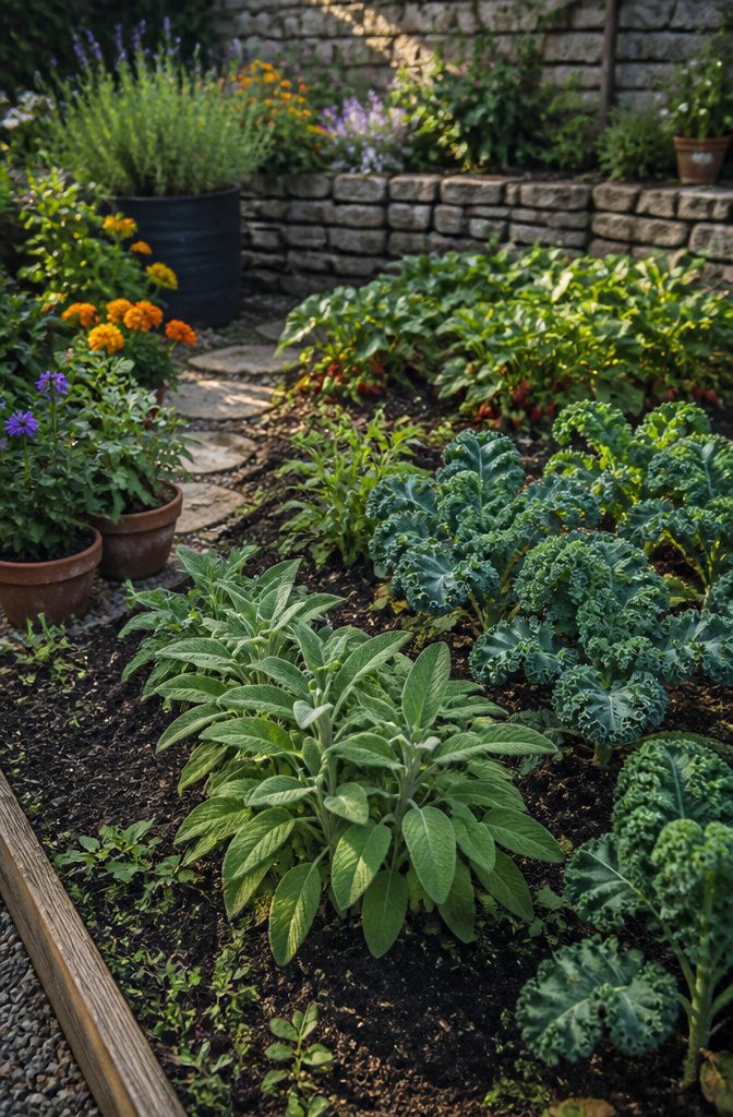 Herb Companion Planting Guide: Which Herbs Grow Well Together 8 Sage plants growing in a garden bed with other herbs.