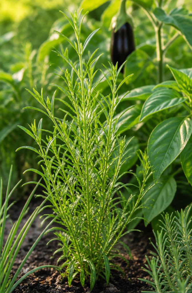 Herb Companion Planting Guide: Which Herbs Grow Well Together 10 A tarragon plant growing alongside eggplant in a garden.