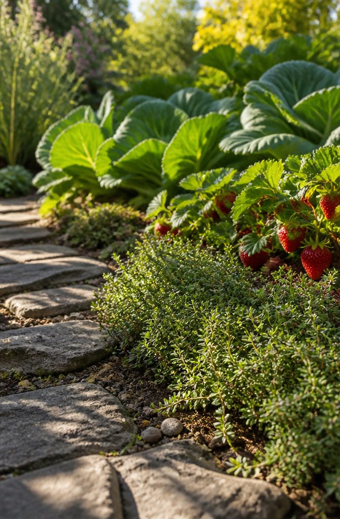 Herb Companion Planting Guide: Which Herbs Grow Well Together 9 Thyme plants growing near kale and strawberries in a garden.