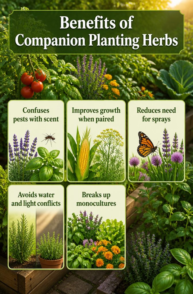 Herb Companion Planting Guide: Which Herbs Grow Well Together 11 An infographic showing the benefits of companion planting herbs.