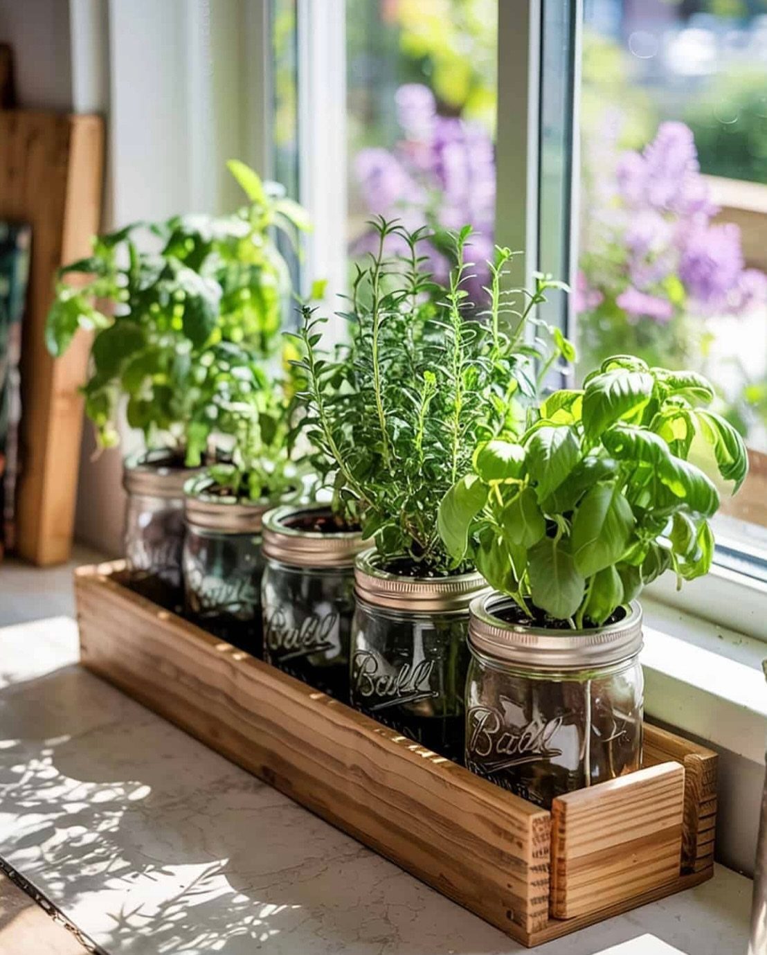 Green basil and rosemary plants growing in glass mason jars inside a wooden crate on a windowsill.
