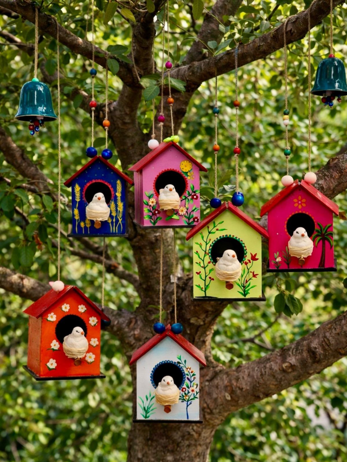 21 Home Decor Ideas for Garden Spaces That Work in Any Yard 13 Colorful hand-painted wooden birdhouses hanging from the branches of a green leafy tree.