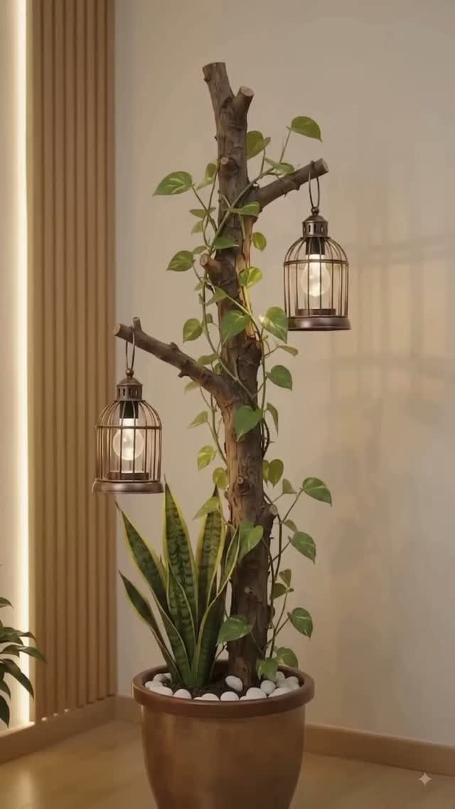 21 Home Decor Ideas for Garden Spaces That Work in Any Yard 20 A decorative tree branch in a pot with hanging lantern lights and climbing green vines.