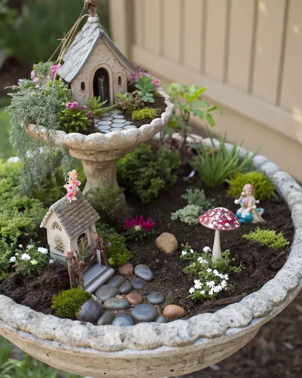 21 Home Decor Ideas for Garden Spaces That Work in Any Yard 17 Miniature fairy garden with small houses, tiny plants, and a fairy figurine inside a stone birdbath.