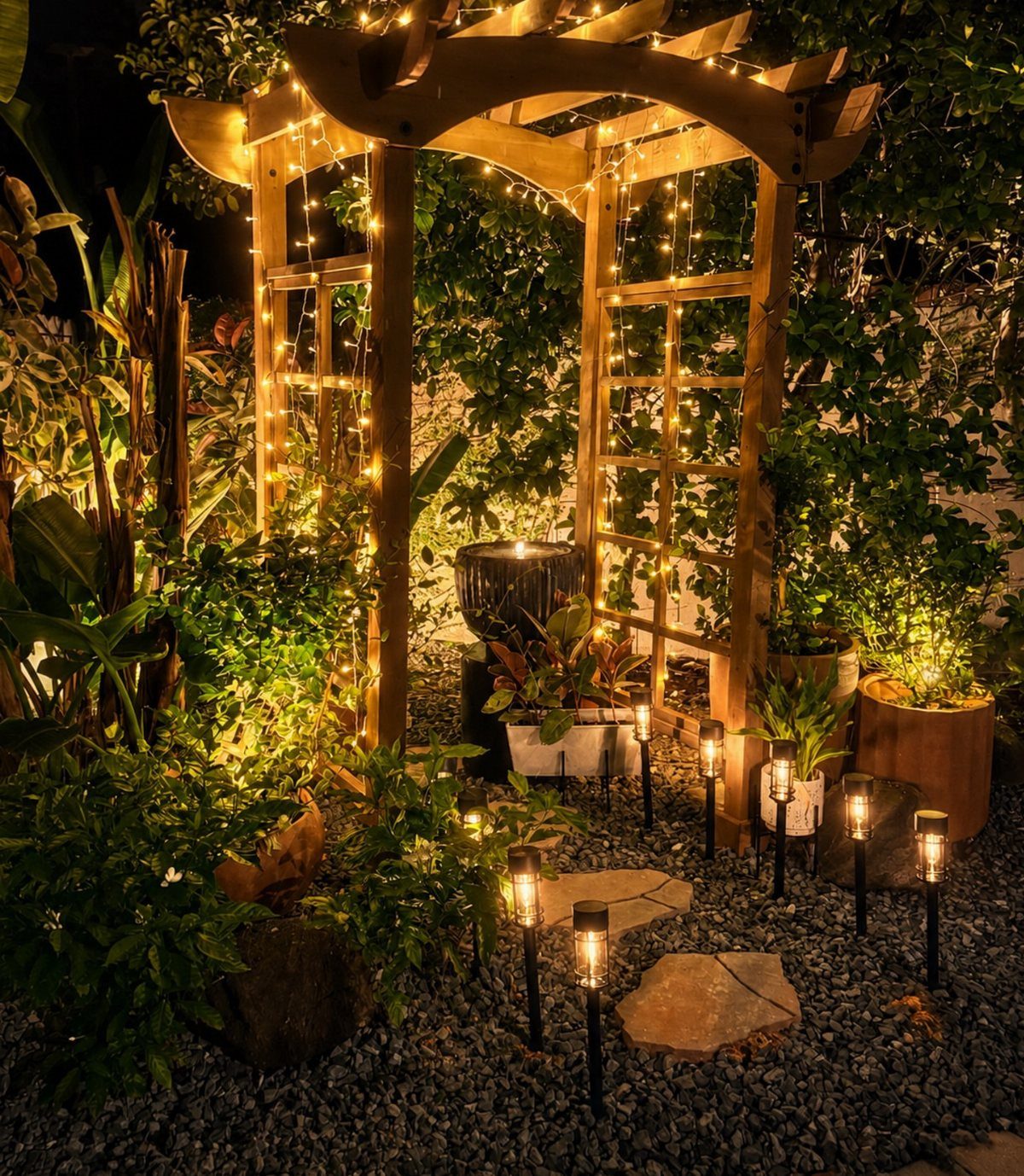 21 Home Decor Ideas for Garden Spaces That Work in Any Yard 10 Wooden garden arbor decorated with glowing fairy lights surrounded by lush green plants and garden lamps.