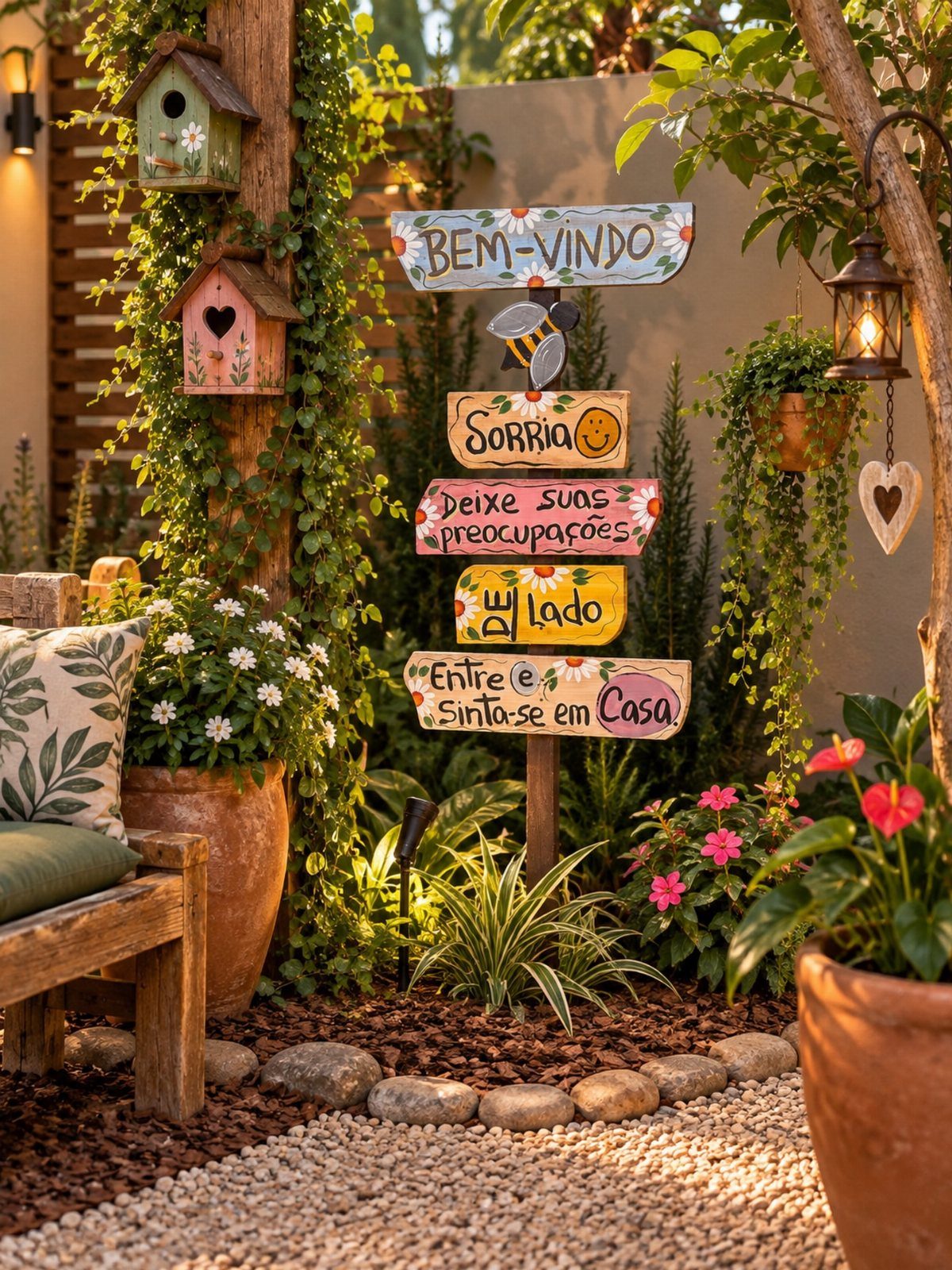 21 Home Decor Ideas for Garden Spaces That Work in Any Yard 4 Colorful hand-painted wooden garden signs stacked vertically amidst lush green plants and flowers.