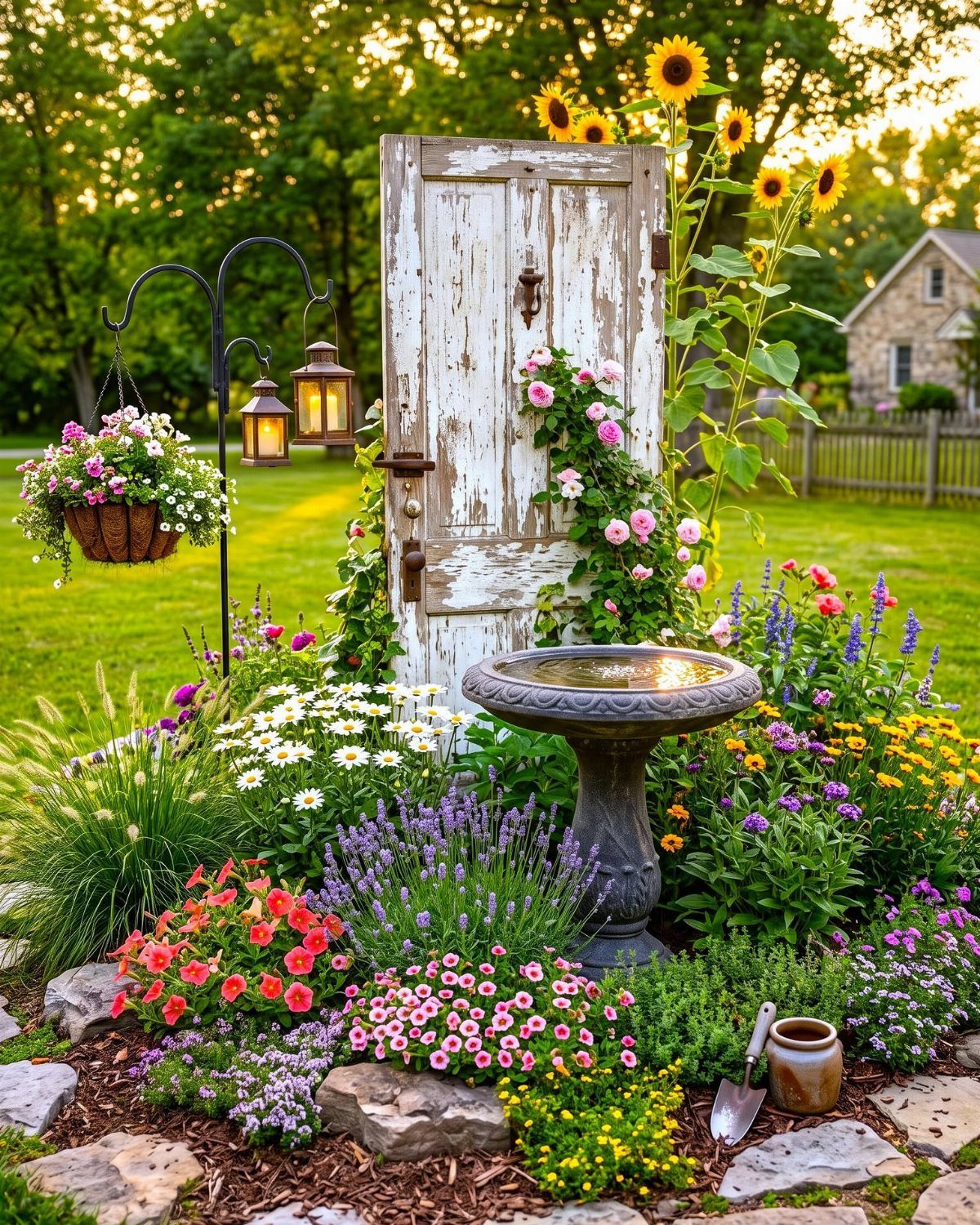 21 Home Decor Ideas for Garden Spaces That Work in Any Yard 11 Weathered white wooden door surrounded by blooming flowers, a birdbath, and sunflowers in a lush garden.