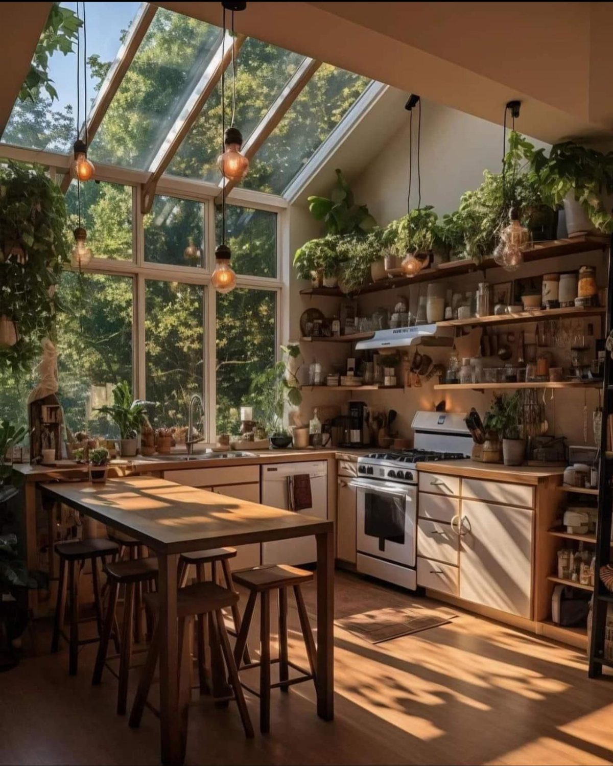 21 Home Decor Ideas for Garden Spaces That Work in Any Yard 12 Sunlit kitchen with large glass windows and a slanted roof overlooking green trees and plants.