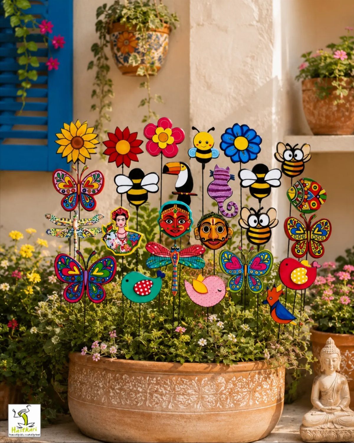 21 Home Decor Ideas for Garden Spaces That Work in Any Yard 21 Hand-painted colorful garden stakes with butterflies, bees, and flowers planted in a large terracotta pot.