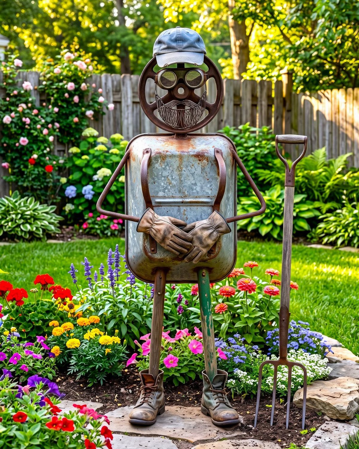 21 Home Decor Ideas for Garden Spaces That Work in Any Yard 19 A whimsical garden sculpture made from recycled metal parts standing among blooming flowers.
