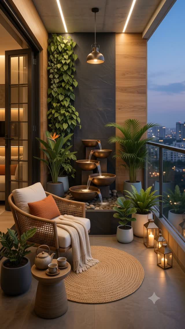 21 Home Decor Ideas for Garden Spaces That Work in Any Yard 8 Modern balcony garden with a tiered water fountain, potted plants, and warm ambient lighting at dusk.