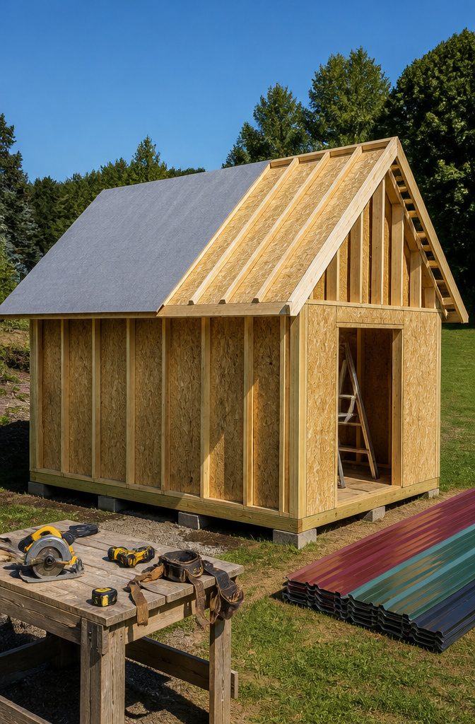 A shed roof being framed with visible rafters.
