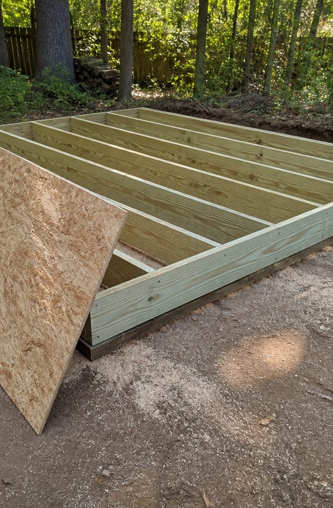 Floor frame constructed from pressure-treated 2x6 lumber.