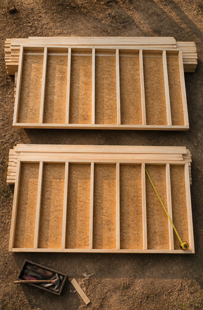 Framing of shed walls with 2x4 lumber laid flat.