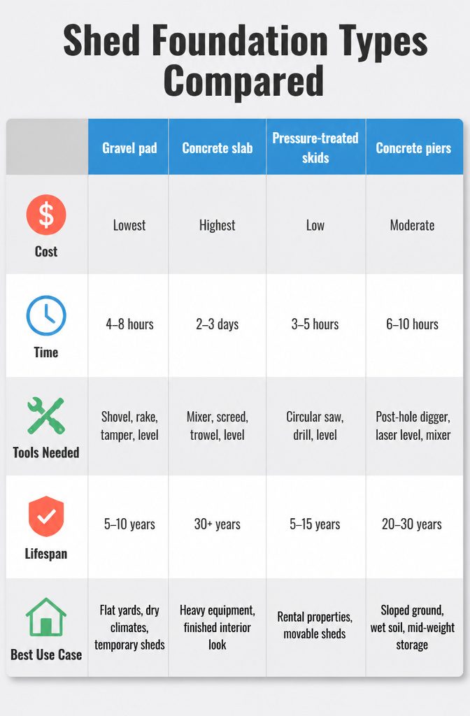 Comparison of various shed foundation types.